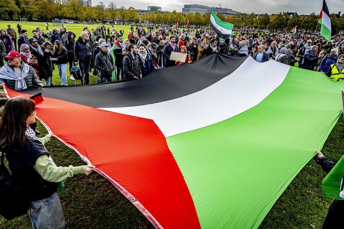 Deelnemers tijdens een landelijke demonstratie tegen de oorlog in Gaza. ANP ROBIN UTRECHT