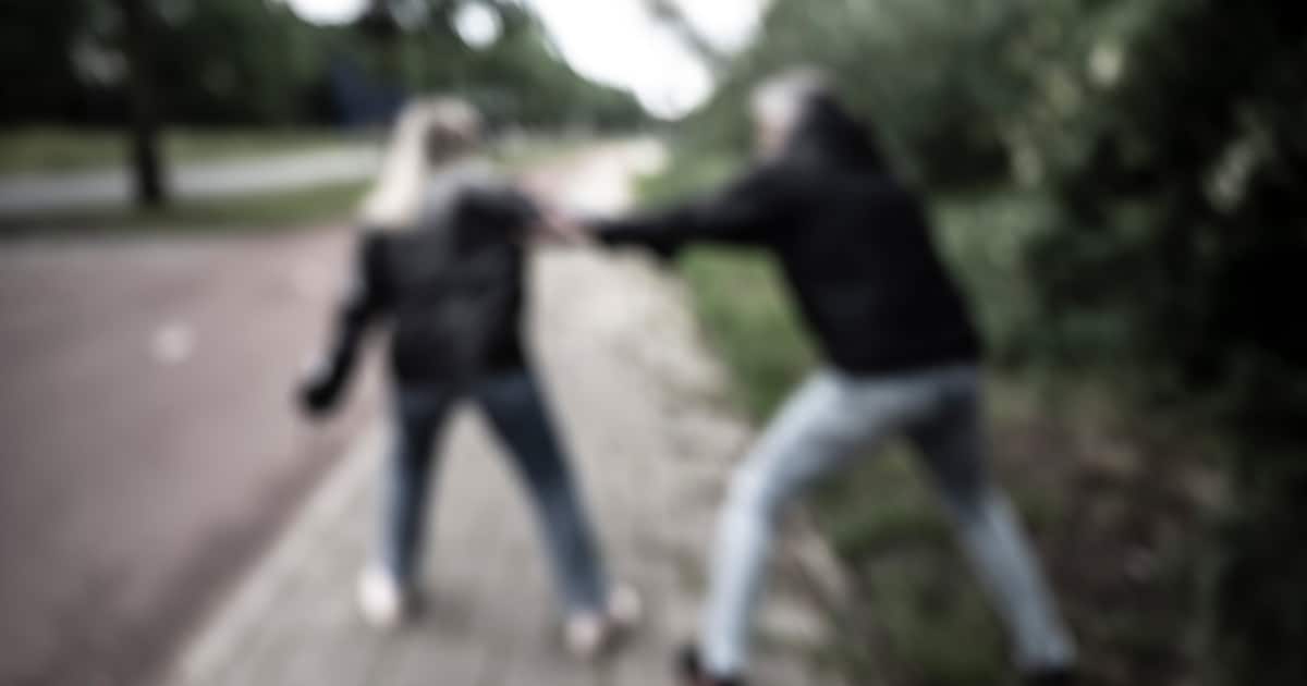Man passeert wandelende vrouw op bospad, dan draait hij zich om en valt haar van achteren aan