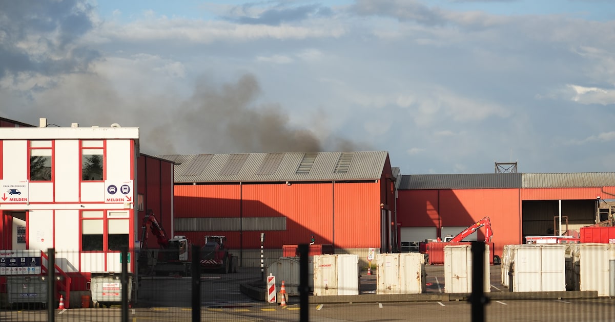 Brand in loods in Dongen: zwarte rookwolken boven gebouw