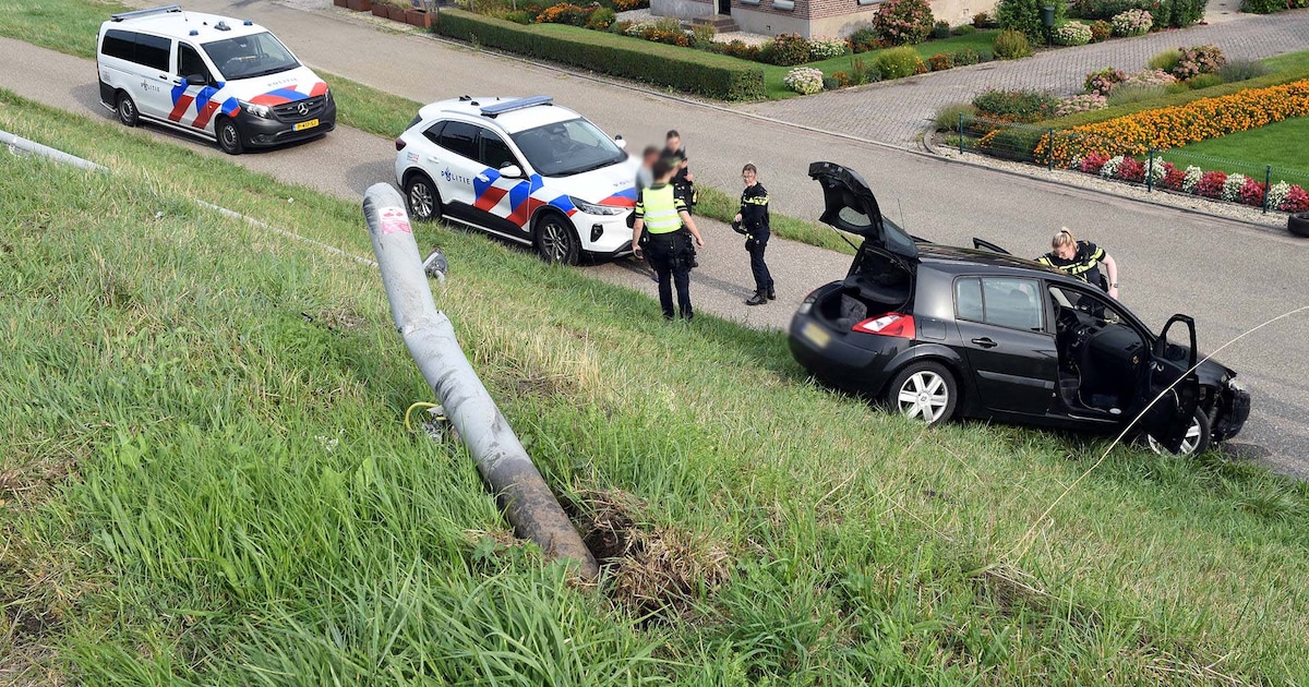 Auto rijdt lantaarnpaal uit de grond en rolt van de dijk in Gameren, bestuurder aangehouden