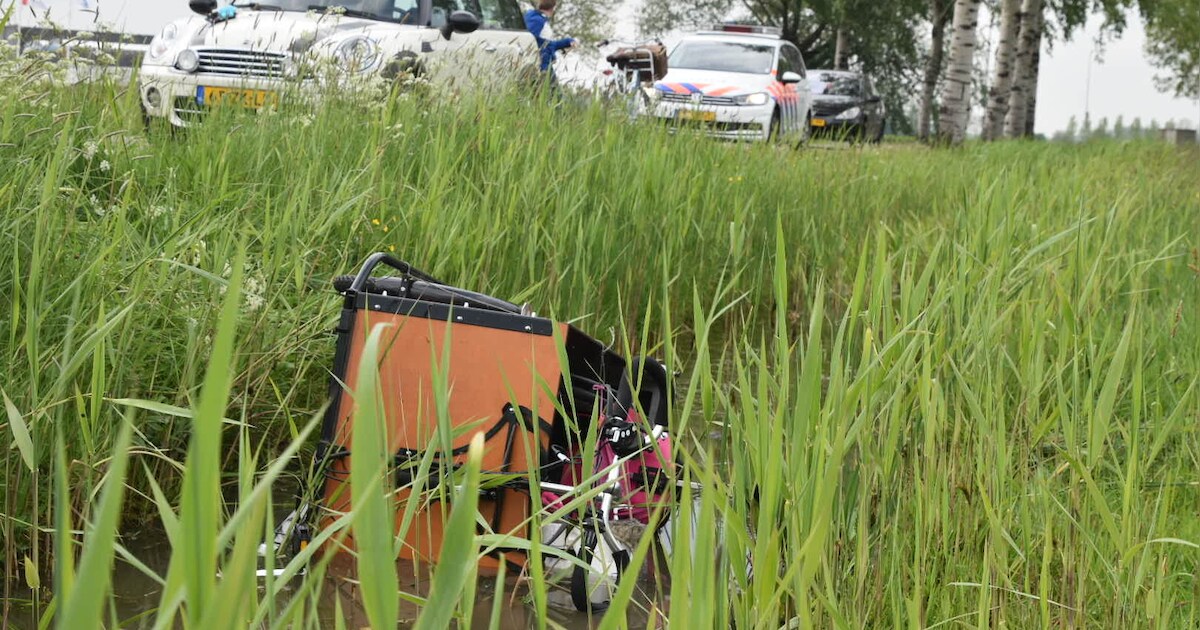 Moeder moet uitwijken voor auto, bakfiets met drie kinderen erin belandt in de sloot