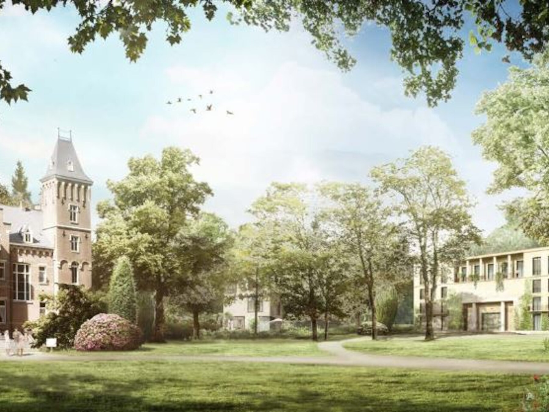 Een impressie van nieuwbouw op landgoed Roucouleur in Vught met rechts het bestaande kasteeltje.