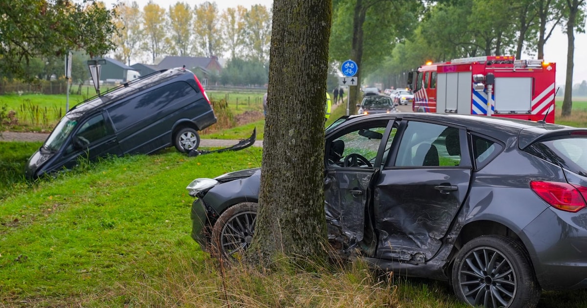 Harde botsing op weg tussen Oss en Megen: auto tegen boom, busje in de greppel.