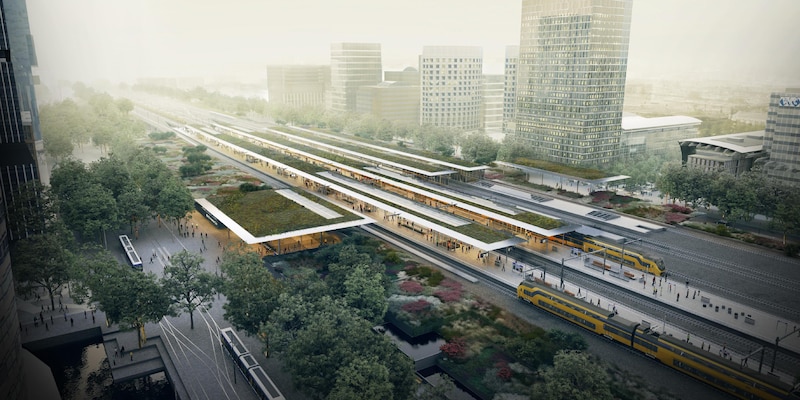 een-artist-impression-van-het-zuidasdok-bij-amsterdam-de-a4-wordt-hier-over-een-kilometer-ondertunneld-het-project-komt-inmiddels-1-3-miljard-euro-tekort