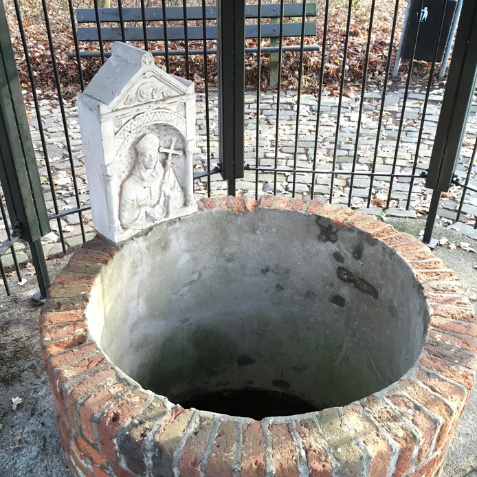 Gedenksteen uit 1926 in het Willibrordusputje die verwijst naar een dopende Willibrordus.