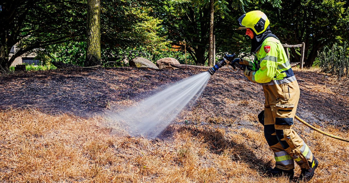 Grasveld in Bevrijdingspark in Uden vliegt in brand, brandweer blust vuur snel