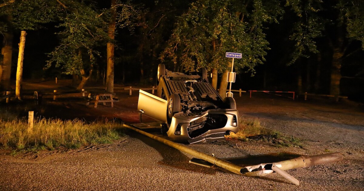 Auto belandt op de kop na omverrijden bord en lantaarnpaal in Odiliapeel, bestuurder gewond