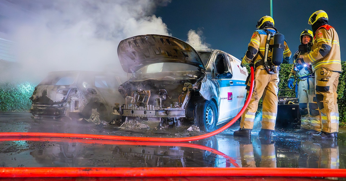 Werkbusje en auto vatten vlam op parkeerplaats in Berghem, politie doet onderzoek