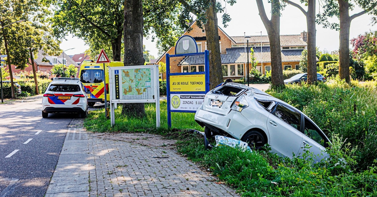 Auto botst tegen boom en belandt in droge sloot in Gemonde, inzittenden komen met de schrik vrij